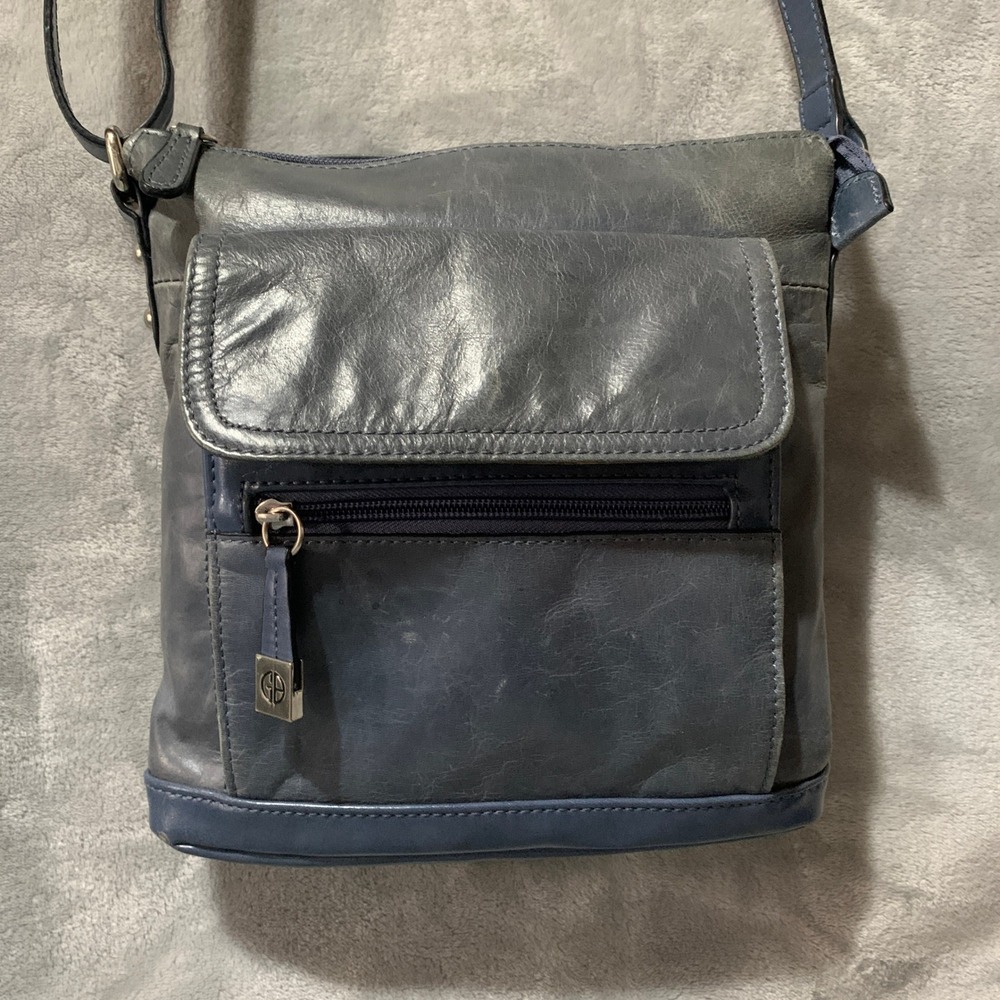 Giani Bernini Blue Leather Crossbody Bag Organizer Purse 10x10 Silver Hardware